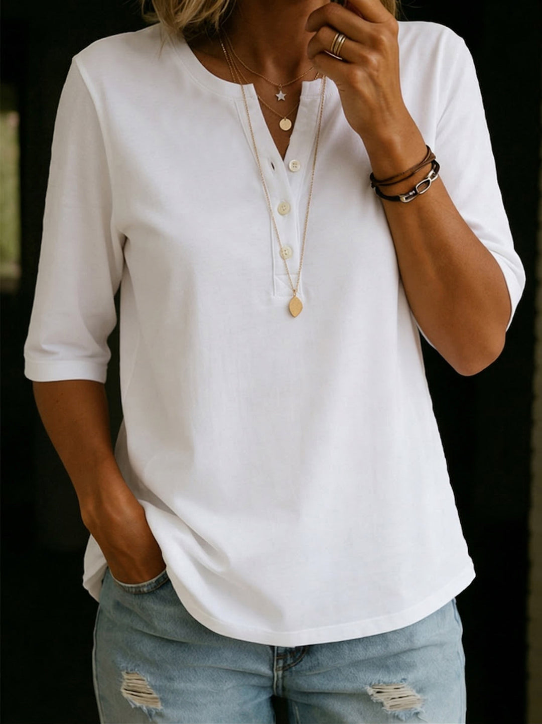 Pauline | Button-down Henley Top with 3/4 Sleeves & Relaxed Fit