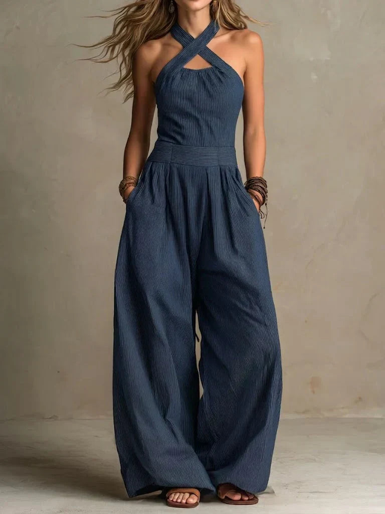 Bianca | Linen and cotton overalls with an elegant crossover neckline