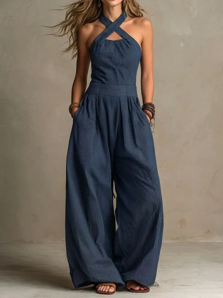 Bianca | Linen and cotton overalls with an elegant crossover neckline